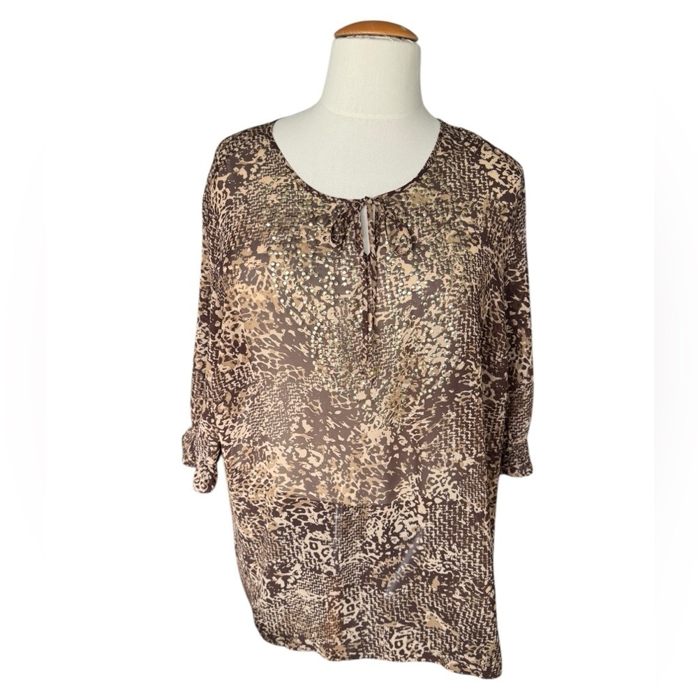 Maggie Barnes Plus SZ 2X Animal Print Studded Blouse Brown Sheer Boho Tunic Top